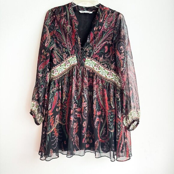 Zara Paisley Print Chiffon Babydoll Mini Dress XS - Picture 1 of 9